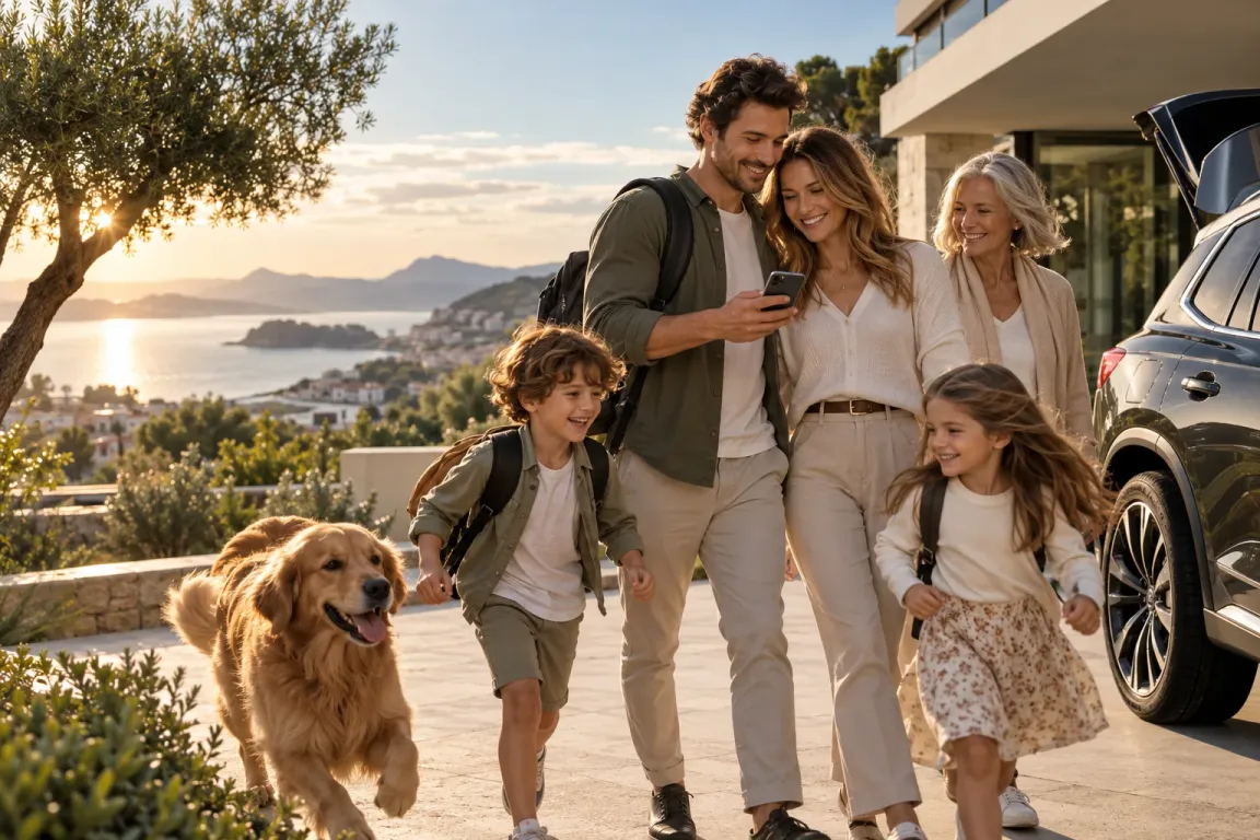 A family with their children, grandmother, golden retriever and car enjoying time together outdoors