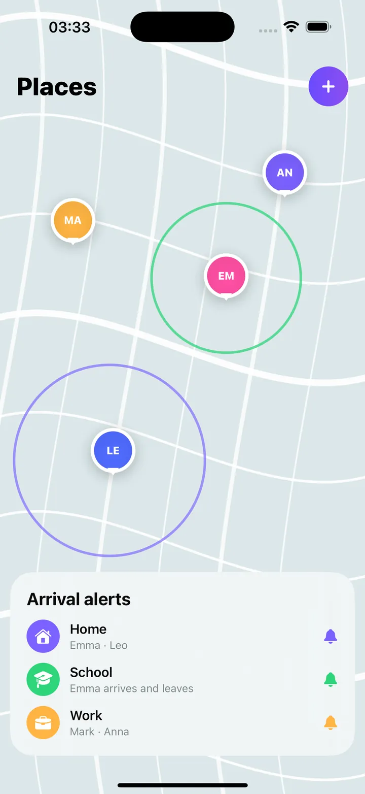 App screen showing place and arrival alerts