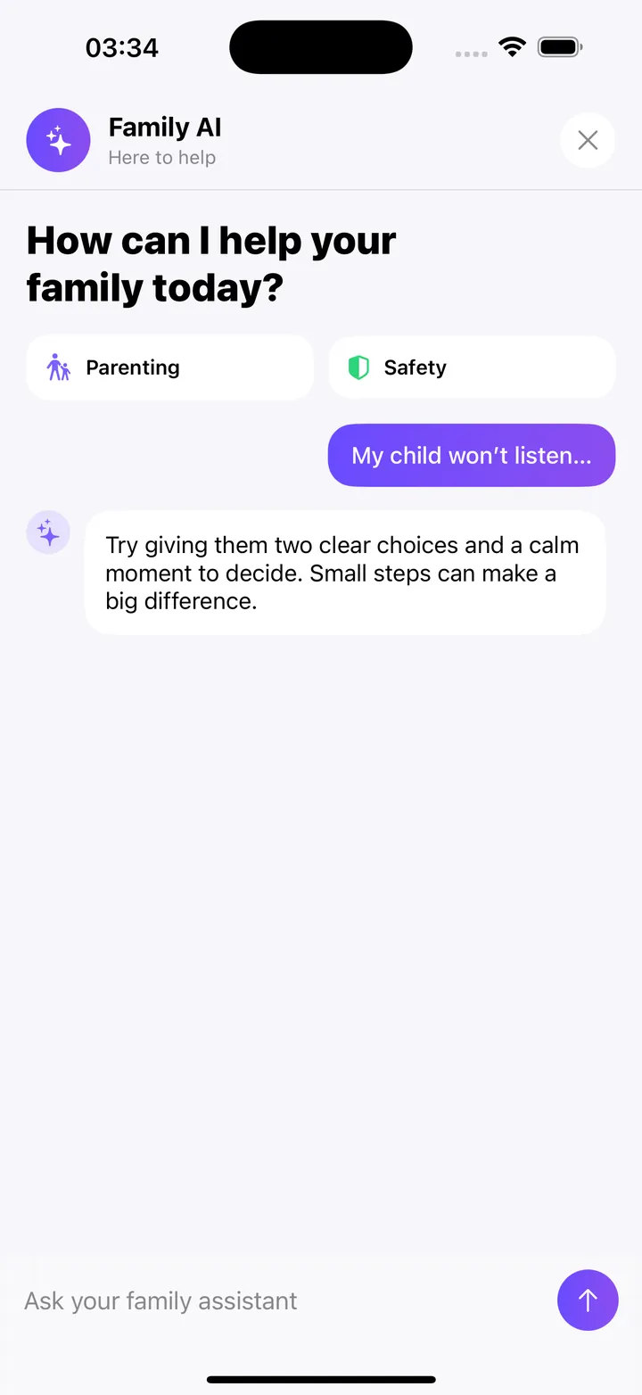 App screen showing the Family AI assistant