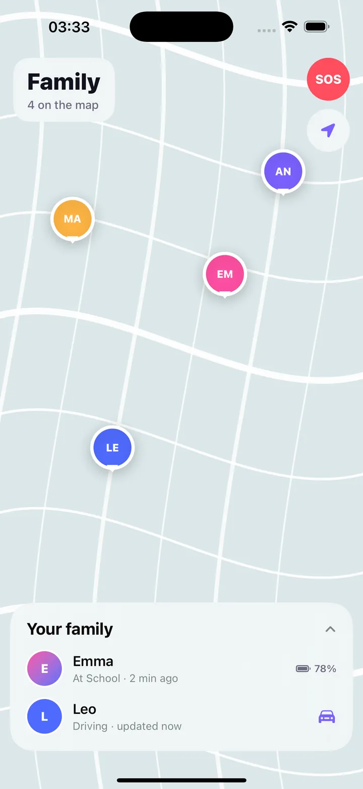 App screen showing the family location map